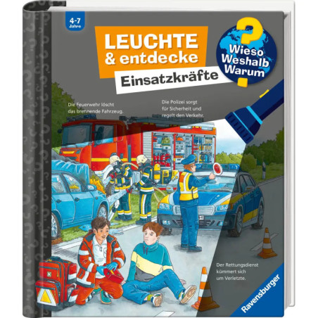 Kinderbuchcover mit Polizei, Feuerwehr und Sanitätern an einem Unfallort.