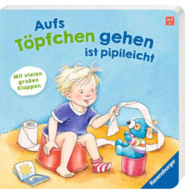 Ein lachendes Kind sitzt mit Toilettenpapier auf einem Töpfchen, neben ihm sitzt ein Teddybär auf einem zweiten Töpfchen.