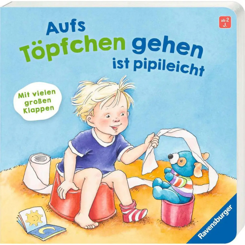 Ein lachendes Kind sitzt mit Toilettenpapier auf einem Töpfchen, neben ihm sitzt ein Teddybär auf einem zweiten Töpfchen.