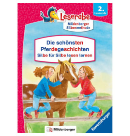 Zwei Mädchen streicheln über einen Zaun ein braunes Pferd auf einem bunten deutschen Kinderbuch.