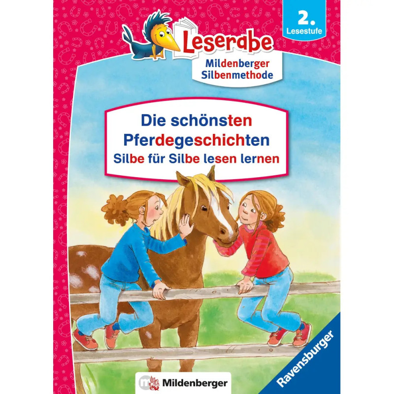 Zwei Mädchen streicheln über einen Zaun ein braunes Pferd auf einem bunten deutschen Kinderbuch.