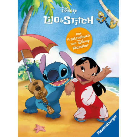 Lilo und Stitch lächeln am Strand mit Palme, Surfbrett und Gitarre Buchcover von Disney. Lilo und Stitch lächeln am Strand mit Palme, Surfbrett und Gitarre Buchcover von Disney.