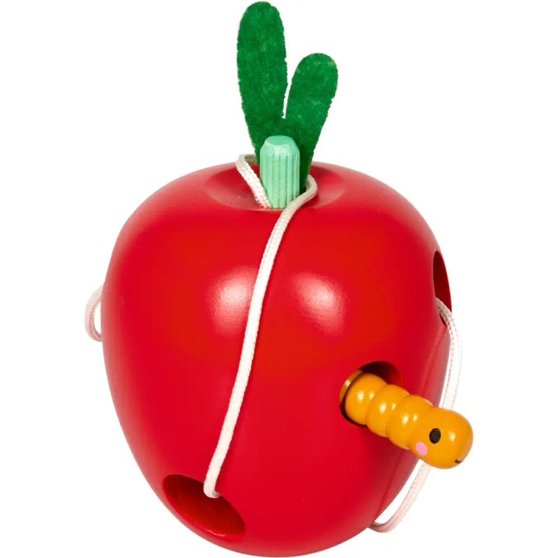 Rotes Holz-Apfelspielzeug mit Schnur, gelbem Wurm in Löchern und grünen Filzblättern oben.