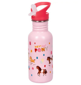 Rosa Trinkflasche mit Comic-Ponys, bunten Punkten und rotem Deckel mit Strohhalm Schriftzug: HEY! Hey! PONY.