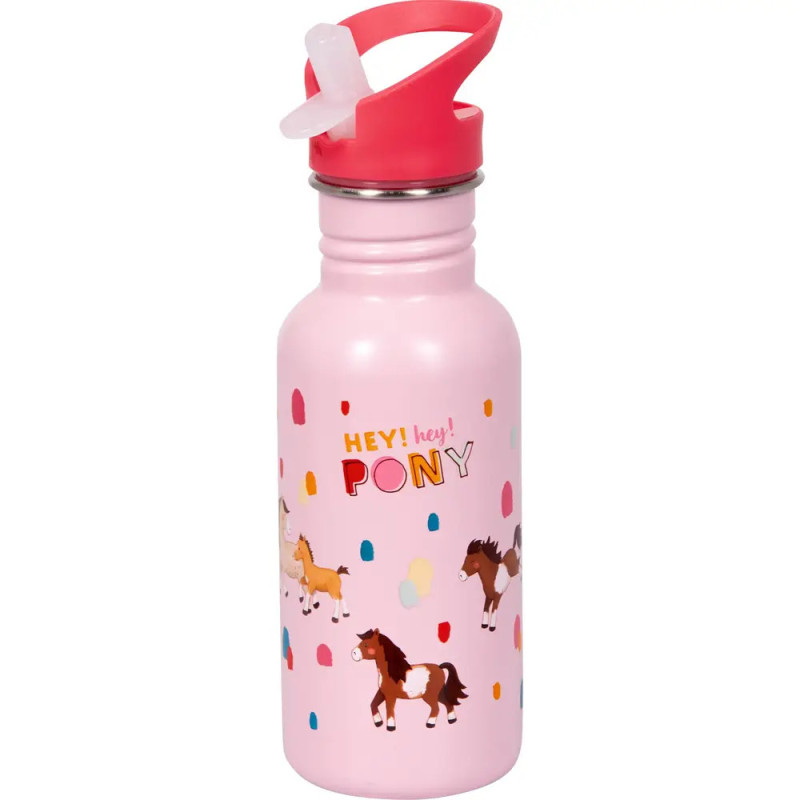 Rosa Trinkflasche mit Comic-Ponys, bunten Punkten und rotem Deckel mit Strohhalm Schriftzug: HEY! Hey! PONY.