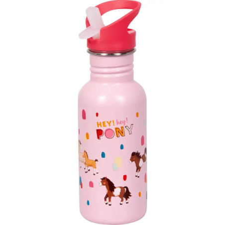 Rosa Trinkflasche mit Comic-Ponys, bunten Punkten und rotem Deckel mit Strohhalm Schriftzug: HEY! Hey! PONY.