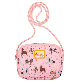 Kleine pinke Coppenrath Verlag Umhängetasche mit Pony-Prints, bunten Punkten und "Mein kleiner Ponyhof"-Label.