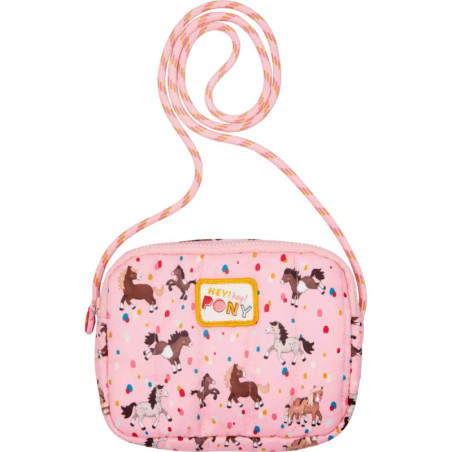 Kleine pinke Coppenrath Verlag Umhängetasche mit Pony-Prints, bunten Punkten und Mein kleiner Ponyhof-Label.