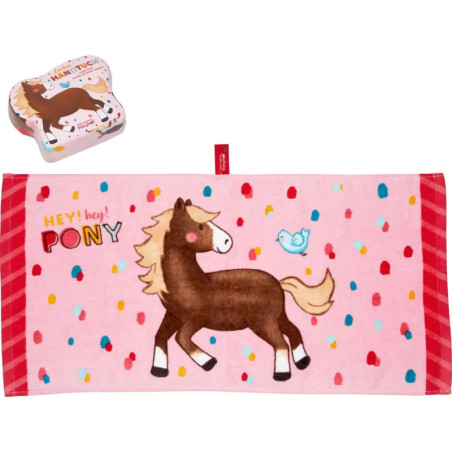 Rechteckiges rosa Handtuch mit Comic-Pony, blauem Vogel, bunten Punkten und kleinem Etui oben links.