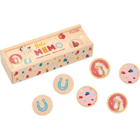 Holz-Memospiel mit Pferde-, Hufeisen- und Donut-Steinen neben dekorativer Aufbewahrungsbox.