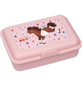 Rosa Brotdose mit Pony- und Vogelmotiv, bunten Punkten und dem Schriftzug HEY! hey! PONY.