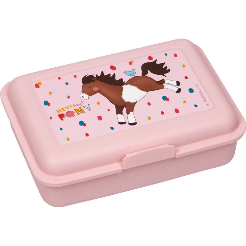Rosa Brotdose mit Pony- und Vogelmotiv, bunten Punkten und dem Schriftzug HEY! hey! PONY.