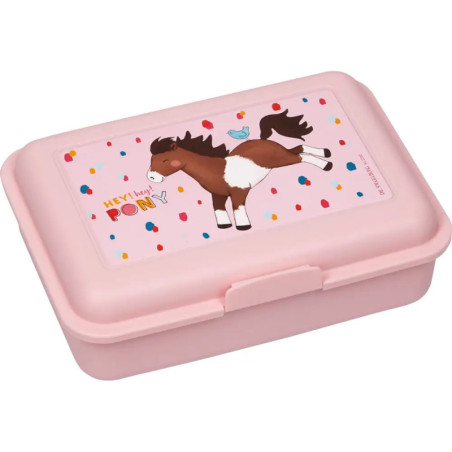 Rosa Brotdose mit Pony- und Vogelmotiv, bunten Punkten und dem Schriftzug HEY! hey! PONY.