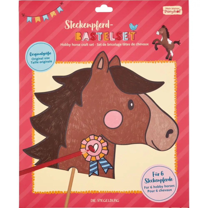 Verpackung für Steckenpferd-Bastelset mit großem Pferdekopf und dekorativen Elementen.