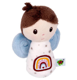 Plüsch-Engelpuppe mit blauen Flügeln, braunen Haaren und Regenbogenmotiv auf weißem Kleid.