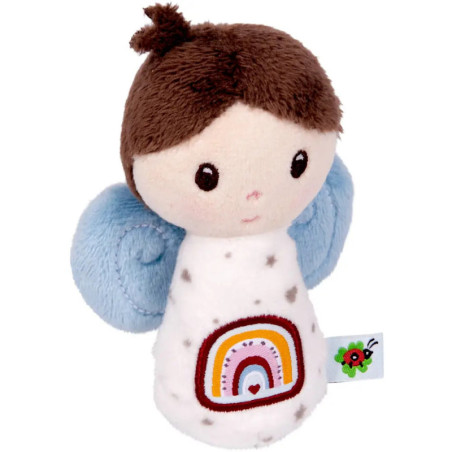 Plüsch-Engelpuppe mit blauen Flügeln, braunen Haaren und Regenbogenmotiv auf weißem Kleid.