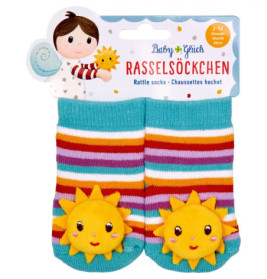 Gestreifte Babysocken mit Rassel und Sonnen-Gesichtern, geeignet für 2-12 Monate.