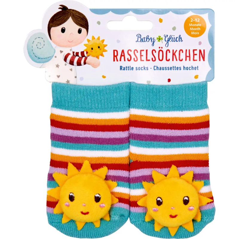 Gestreifte Babysocken mit Rassel und Sonnen-Gesichtern, geeignet für 2-12 Monate.