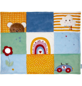 Bunte Baby-Spielmatte mit Motiven: Bär, Regenbogen, Wolke, Blume und blaues Auto mit roter 1.