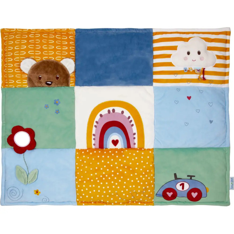 Bunte Baby-Spielmatte mit Motiven: Bär, Regenbogen, Wolke, Blume und blaues Auto mit roter 1.