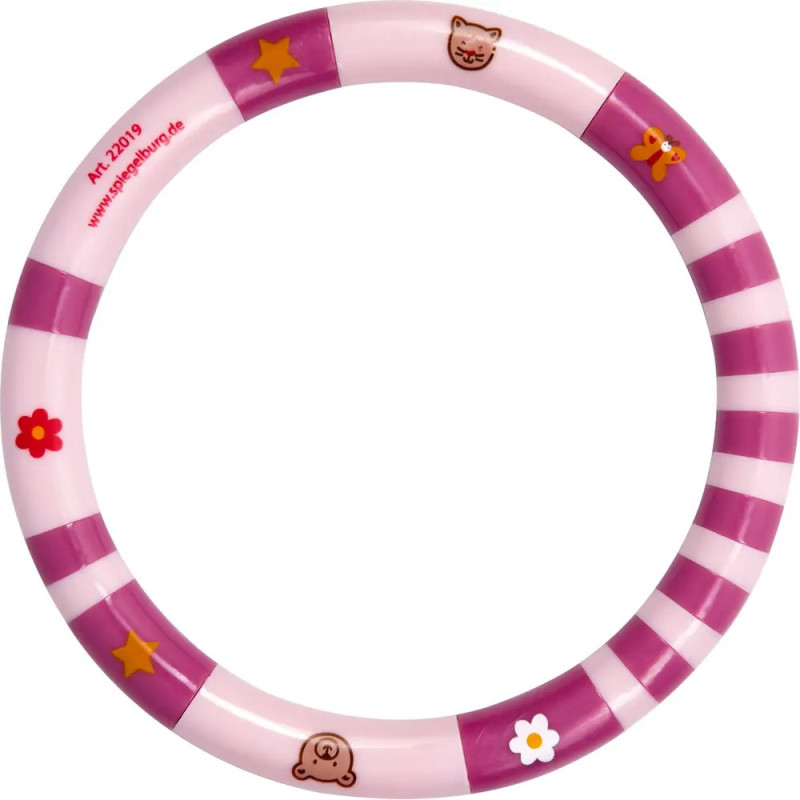 Ring mit rosa-weißen Streifen und Tier- sowie Blumenmotiven an den Seiten.