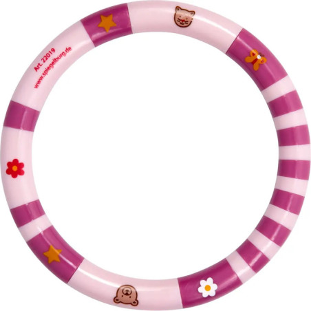 Ring mit rosa-weißen Streifen und Tier- sowie Blumenmotiven an den Seiten.