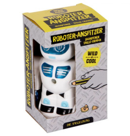 Roboter-förmiger Anspitzer mit blauen Details in Verpackung, beschriftet mit Roboter-Anspitzer.