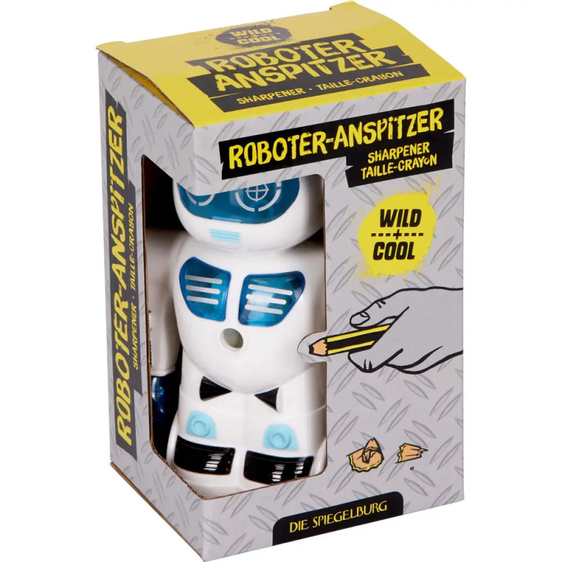 Roboter-förmiger Anspitzer mit blauen Details in Verpackung, beschriftet mit Roboter-Anspitzer.