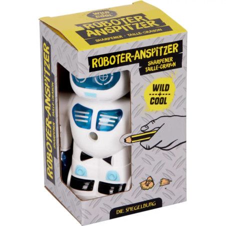 Roboter-förmiger Anspitzer mit blauen Details in Verpackung, beschriftet mit Roboter-Anspitzer.