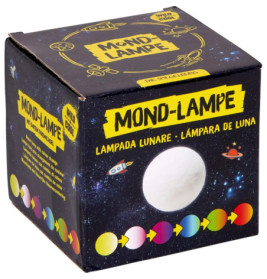 Schwarze Schachtel mit Weltraummotiven, Aufschrift Mond-Lampe und sichtbarer Mondlampe.