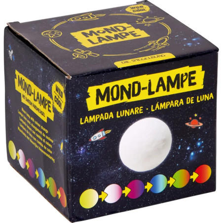 Schwarze Schachtel mit Weltraummotiven, Aufschrift Mond-Lampe und sichtbarer Mondlampe.