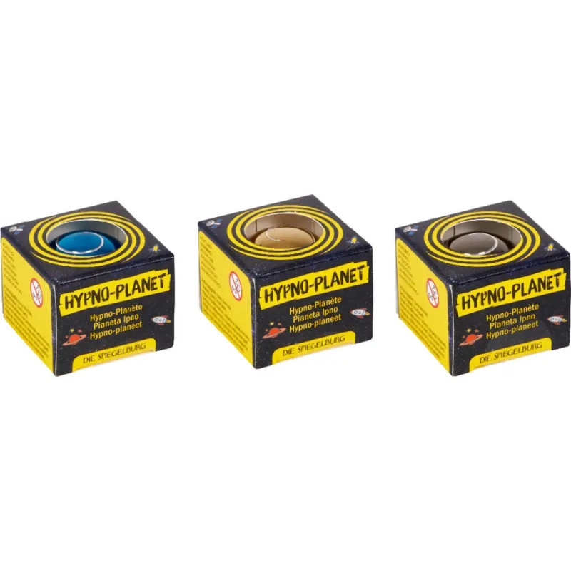 Drei gelb-schwarze HYPNO-PLANET-Spielzeugboxen mit verschiedenfarbigen Kreiselaufsätzen.