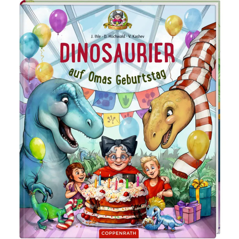 Cartoon-Dinosaurier und Kinder feiern Großmutters Geburtstag mit Luftballons, Geschenken und Kuchen.