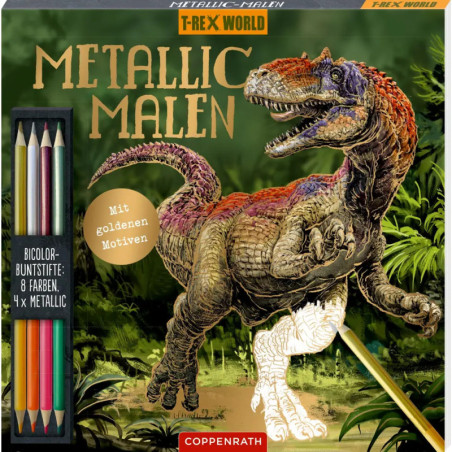 Malkasten mit bunter Dinosaurier-Illustration und metallischen Buntstiften auf der linken Seite.