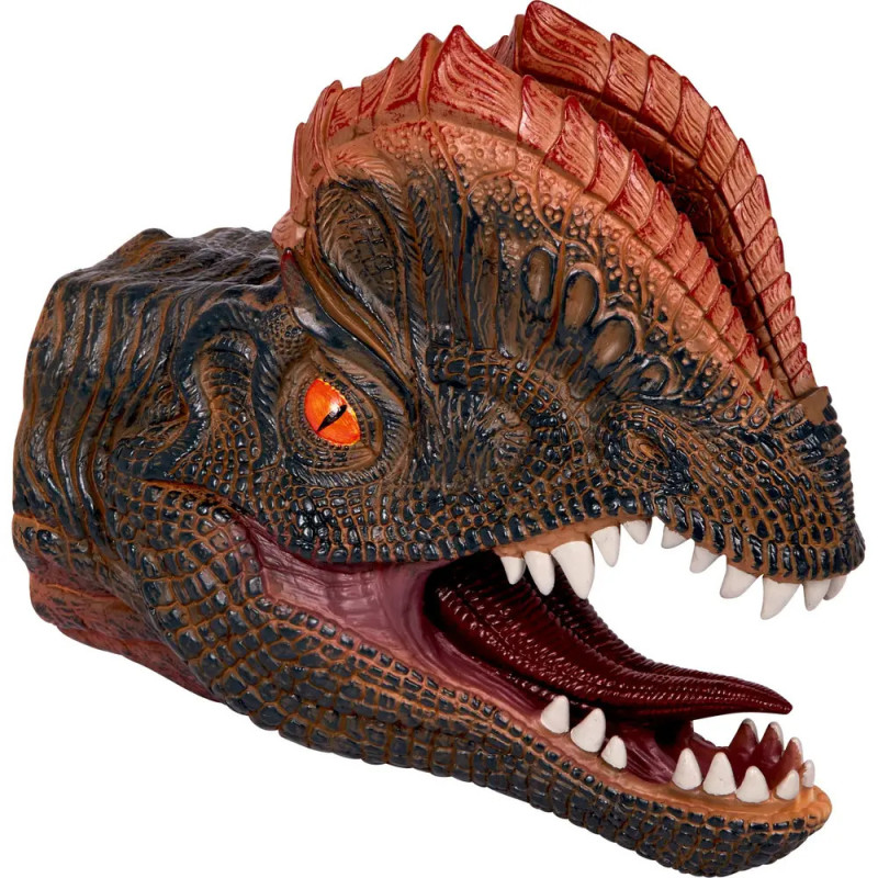 Gummidinosauriermaske mit orangen Augen, rotem Kamm, geöffnetem Maul und scharfen Zähnen. Gummidinosauriermaske mit orangen Augen, rotem Kamm, geöffnetem Maul und scharfen Zähnen.
