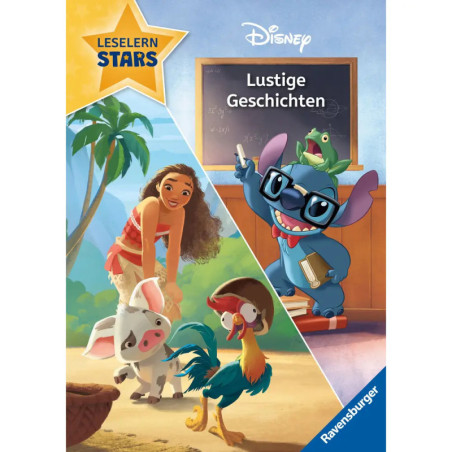 Disney-Buchcover mit Moana, Pua und Hei Hei links, Stitch und Frosch rechts im Klassenraum. Disney-Buchcover mit Moana, Pua und Hei Hei links, Stitch und Frosch rechts im Klassenraum.