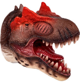 Realistischer Dinosaurier-Spielzeugkopf mit offenem Maul, scharfen Zähnen und rotbrauner Haut.
