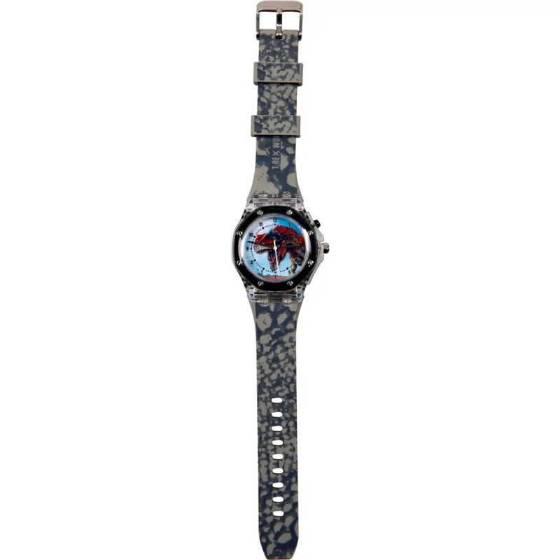 Armbanduhr mit grauem, gepunktetem Band und farbigem Spider-Man-Motiv auf dem Zifferblatt.