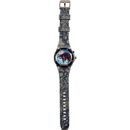 Armbanduhr mit grauem, gepunktetem Band und farbigem Spider-Man-Motiv auf dem Zifferblatt.