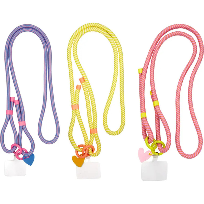 Drei bunte Schlüsselbänder in Lila, Gelb und Pink, jeweils mit Herzanhänger und Klarsichthülle. Drei bunte Schlüsselbänder in Lila, Gelb und Pink, jeweils mit Herzanhänger und Klarsichthülle.