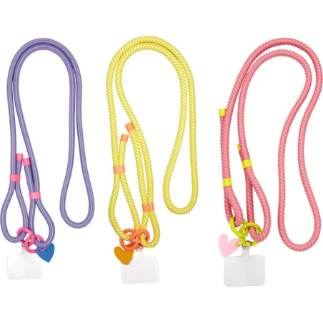 Drei bunte Schlüsselbänder in Lila, Gelb und Pink, jeweils mit Herzanhänger und Klarsichthülle. Drei bunte Schlüsselbänder in Lila, Gelb und Pink, jeweils mit Herzanhänger und Klarsichthülle.