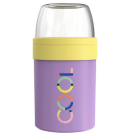 Lila Behälter mit gelbem Deckel, klarem Verschluss und dem Wort cool bunt an der Seite.