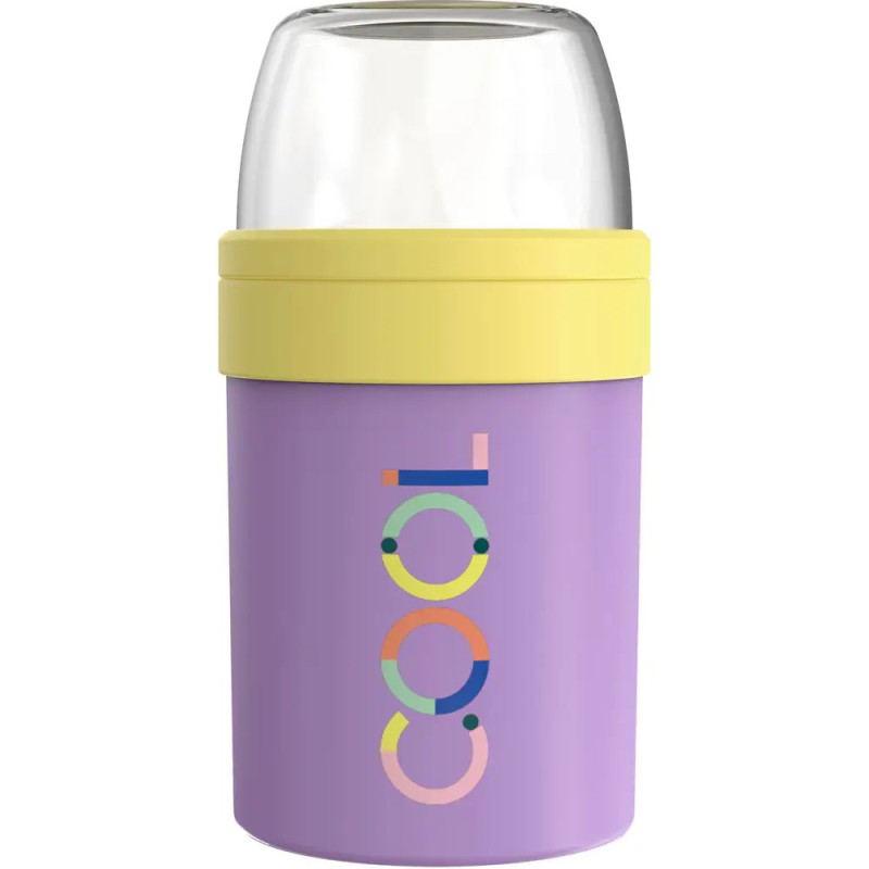 Lila Behälter mit gelbem Deckel, klarem Verschluss und dem Wort cool bunt an der Seite. Lila Behälter mit gelbem Deckel, klarem Verschluss und dem Wort cool bunt an der Seite.