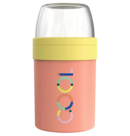 Pinkes Thermogefäß mit gelbem Deckel, Klarsicht-Top und bunter cool-Schrift an der Seite.