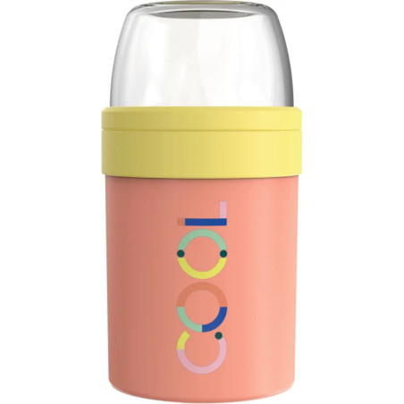 Pinkes Thermogefäß mit gelbem Deckel, Klarsicht-Top und bunter cool-Schrift an der Seite.