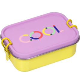 Gelbe und lila Lunchbox mit dem Schriftzug COOL in bunten Buchstaben auf dem Deckel.