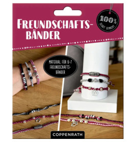 Bastelset für Freundschaftsbänder mit fertigen Bändern in Pink, Schwarz und Silber.