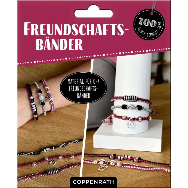 Bastelset für Freundschaftsbänder mit fertigen Bändern in Pink, Schwarz und Silber.