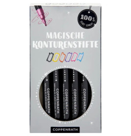 Box Coppenrath magische Konturenstifte in verschiedenen Farben auf grauem Hintergrund.