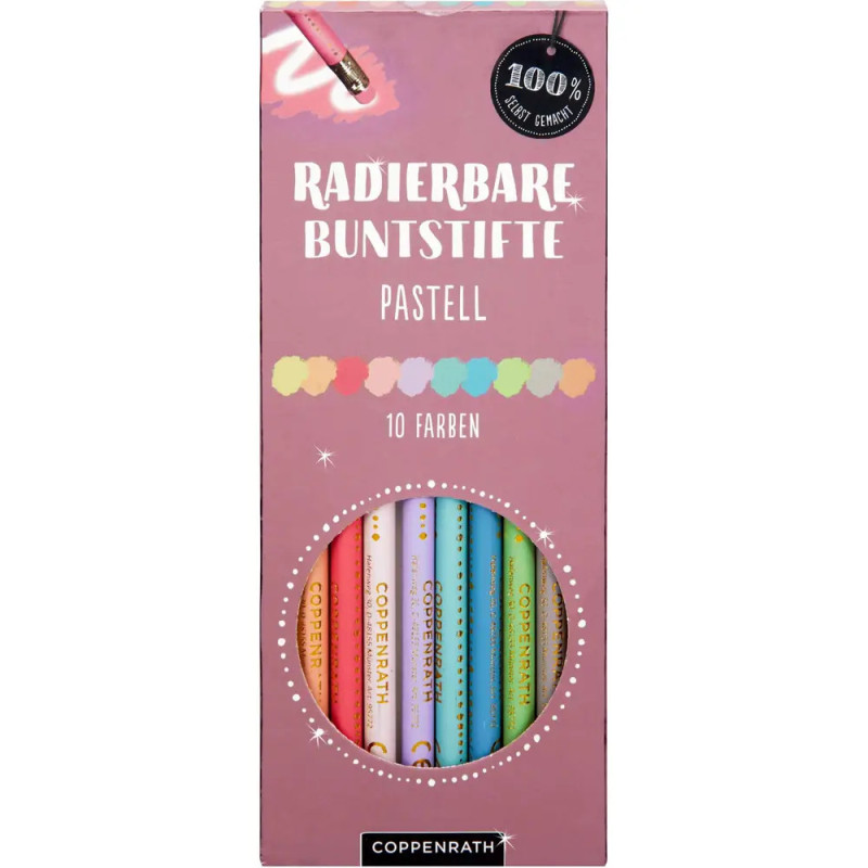 Box mit 10 pastellfarbenen, radierbaren Buntstiften, deutscher Aufschrift und rundem Sichtfenster.